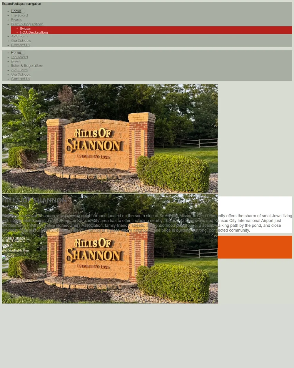 The Hills of Shannon HOA site: a duplicated menu and text overlapping the entrance photograph.
