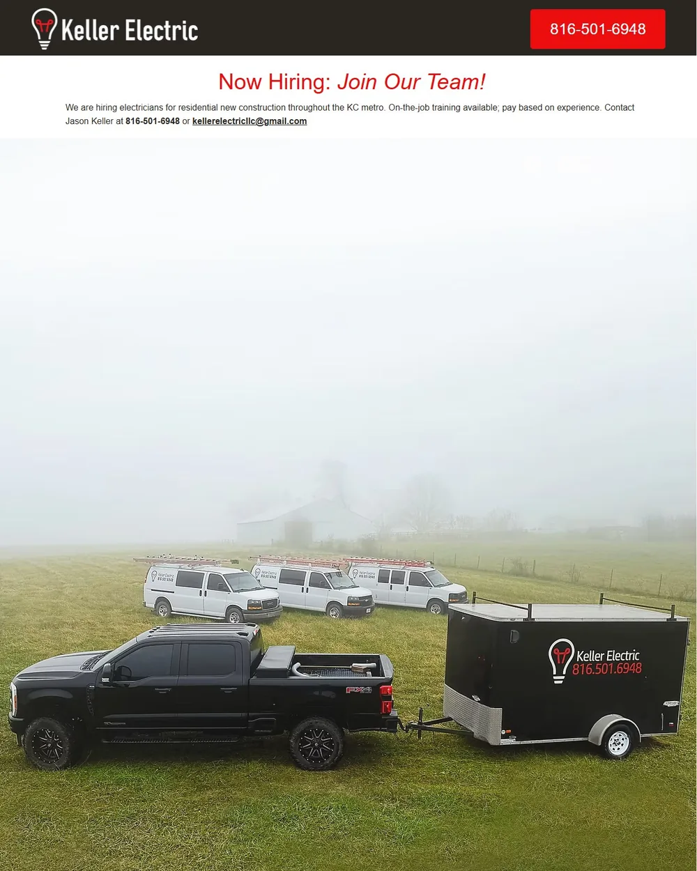 Keller Electric's current homepage, led by a recruitment notice.
