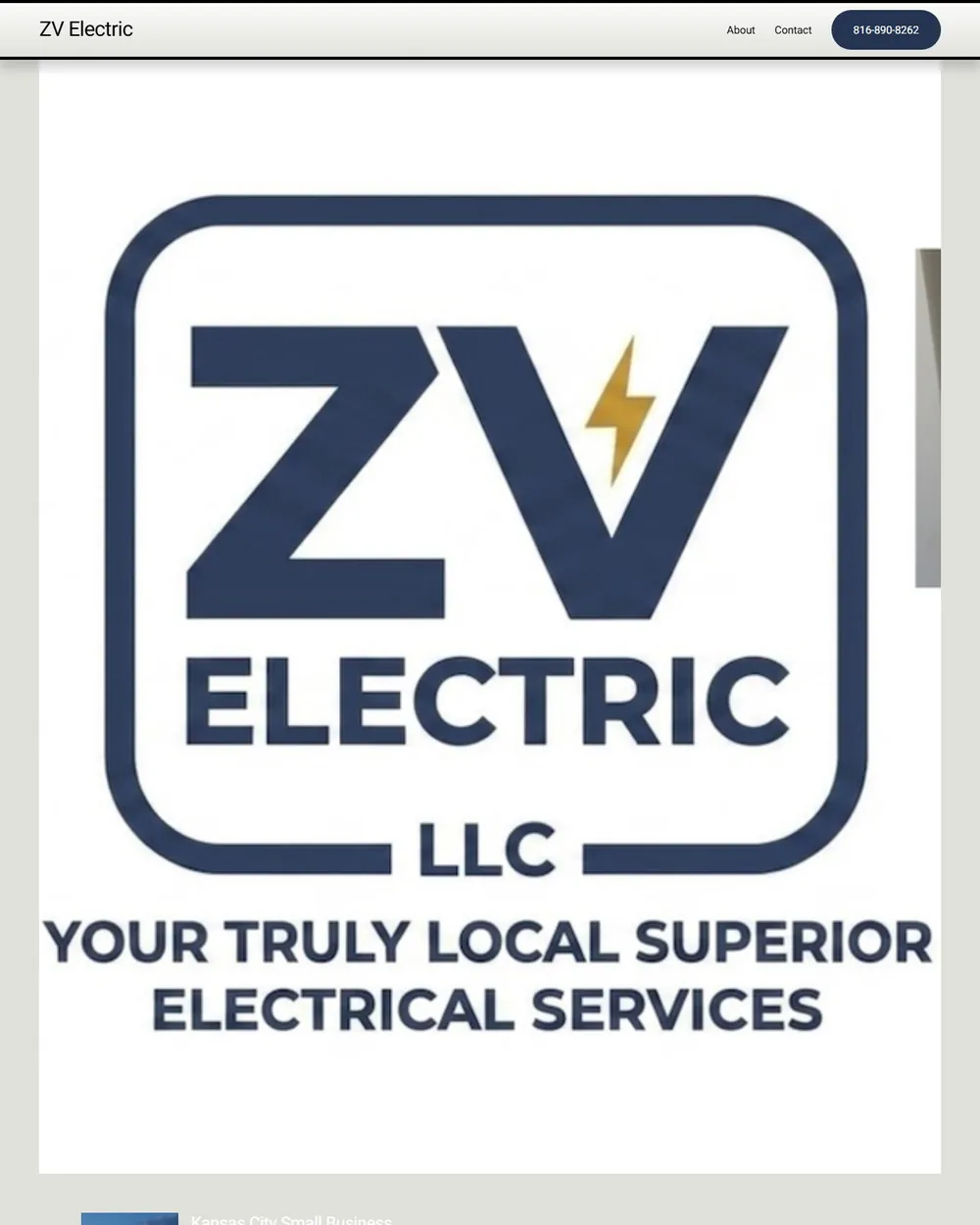 ZV Electric's current homepage: an enlarged logo filling the first screen.