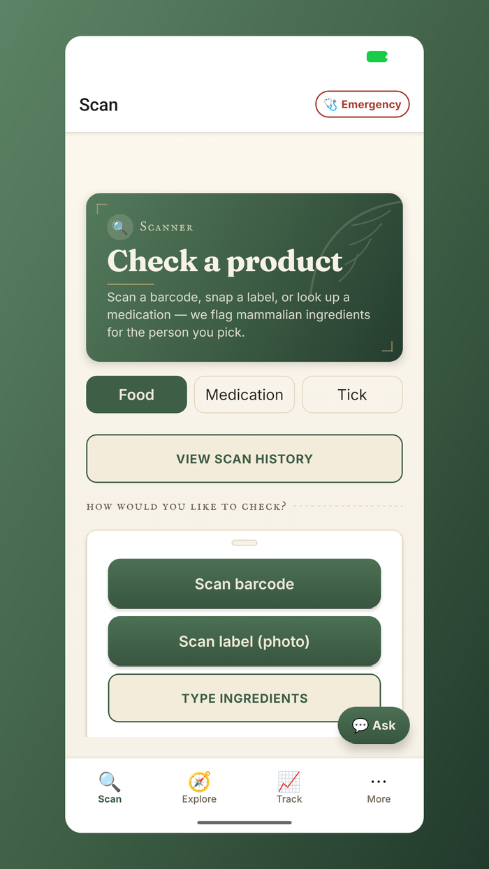 Alpha-gal — the Scan tab: check a food barcode, a label photo, or a medication for mammal-derived ingredients.
