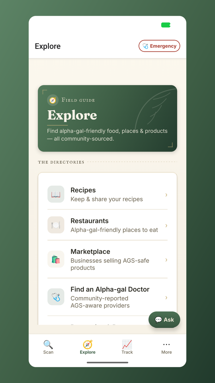 Alpha-gal — the Explore field guide: community-sourced recipes, AGS-friendly restaurants, a marketplace, and doctors.
