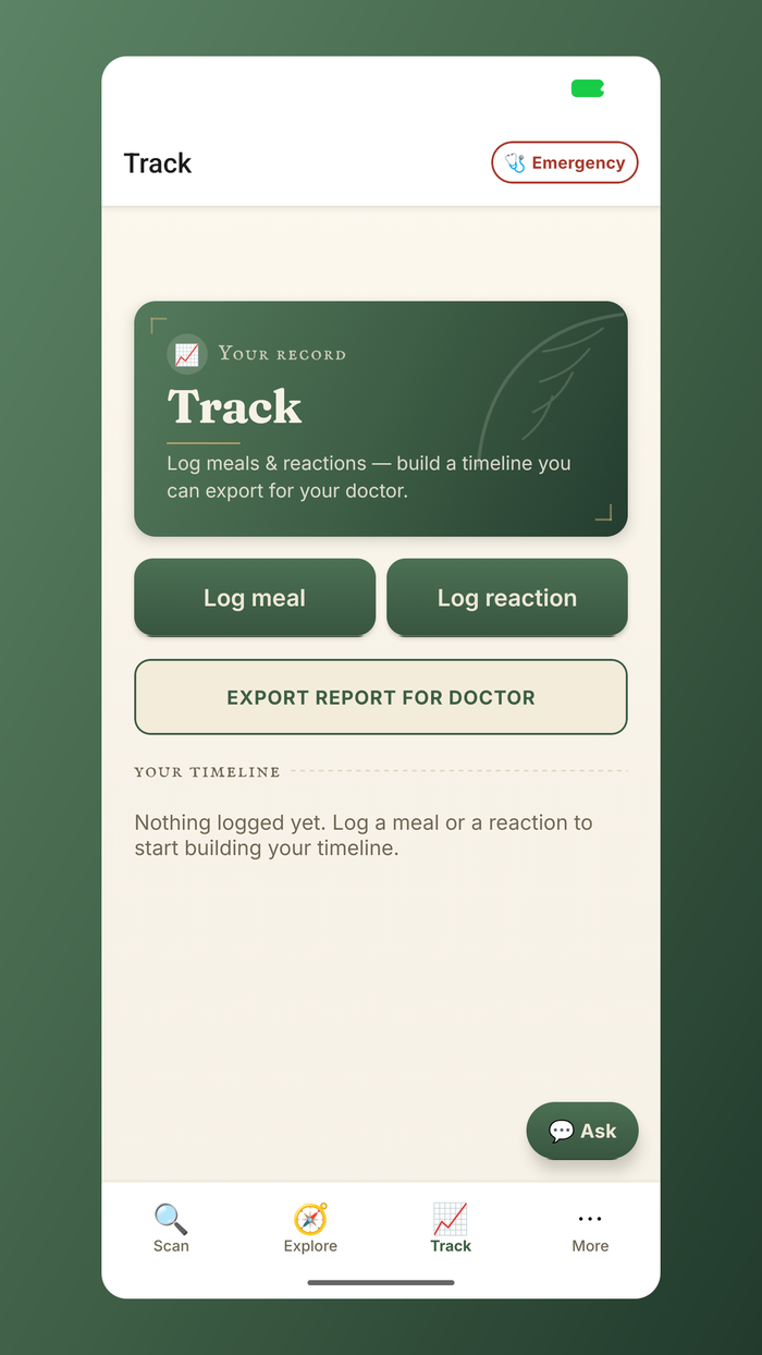 Alpha-gal — the Track record: log meals and reactions, then export a report for your doctor.