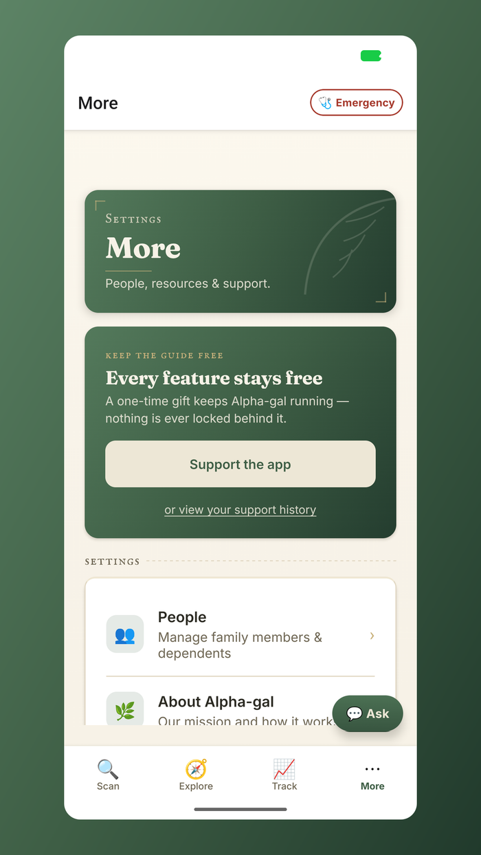 Alpha-gal — the More tab: manage people, resources, and support, with every feature free.