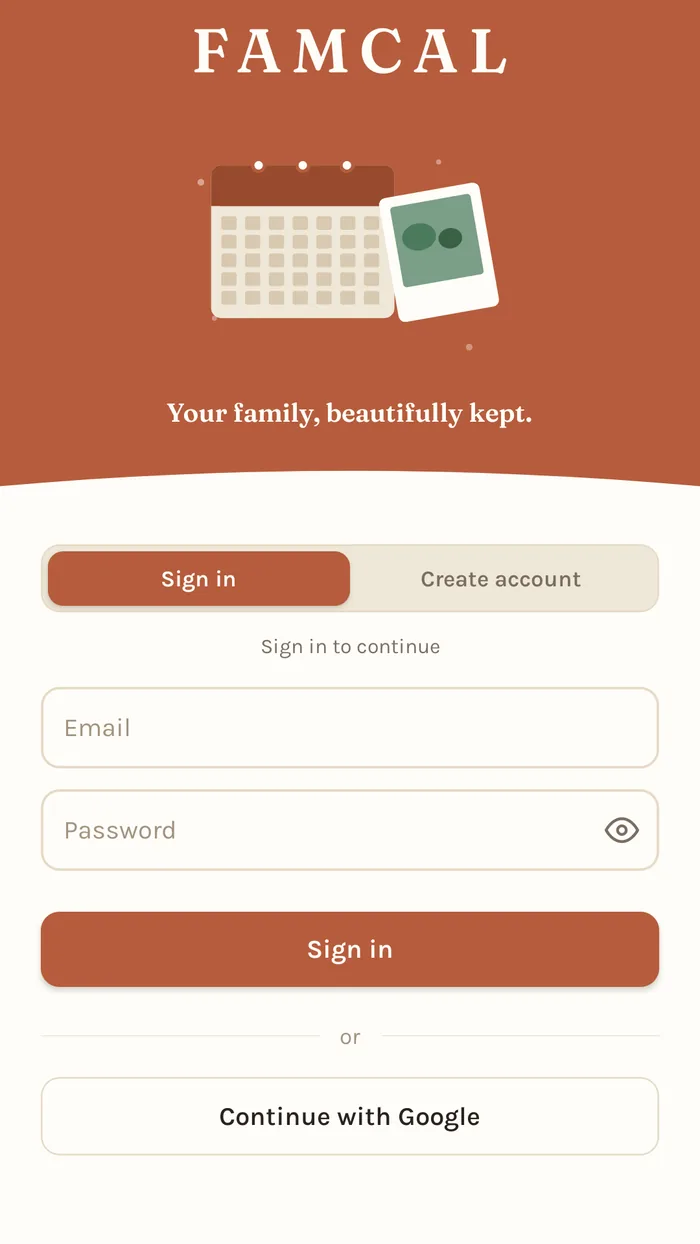 FamCal — the home screen, start a print-ready photo wall calendar from your year.