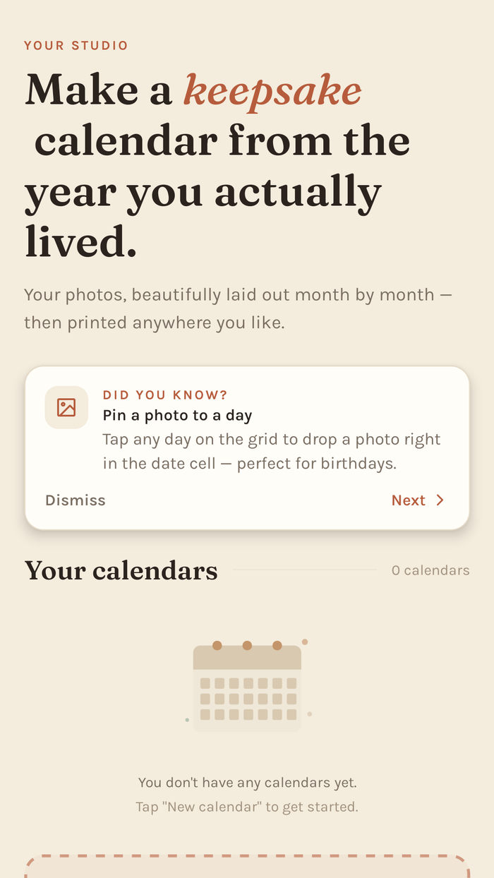 FamCal — the calendar studio, arranging photos across the months.