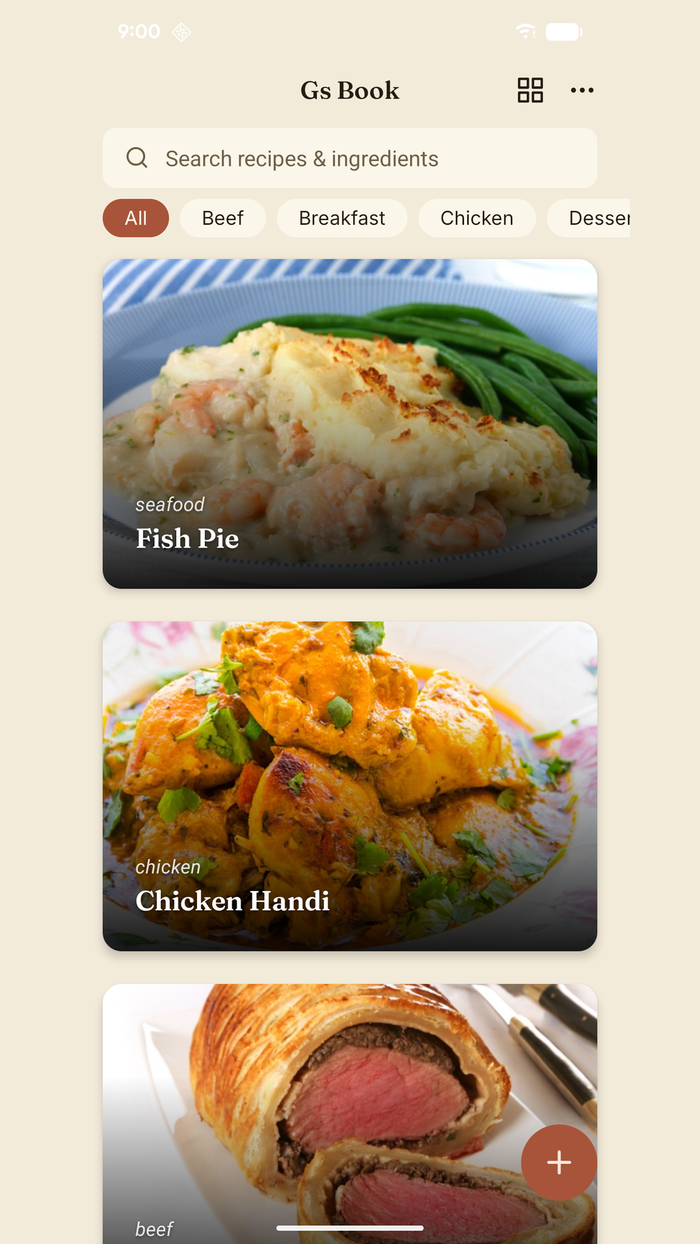 FamCook — the family recipe library, recipes grouped by category with a search bar.
