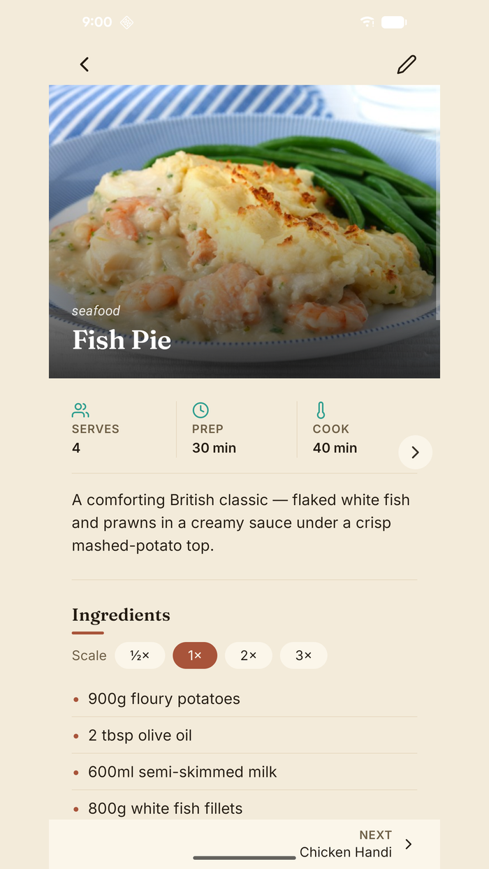 FamCook — a recipe page with photo, serving size, prep and cook times, ingredients, and steps.