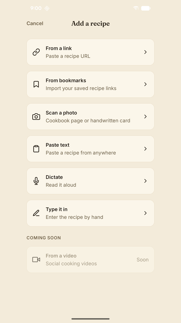 FamCook — the &lsquo;Add a recipe&rsquo; screen: import from a link, a photo scan, pasted text, or type it in by hand.