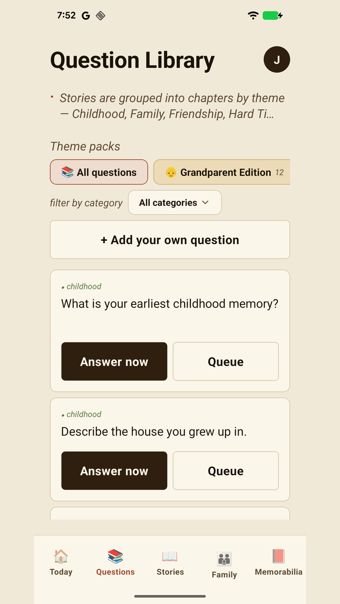 Heirloom — the Question Library: themed packs like Grandparent Edition, category filters, and prompts to answer now or queue.