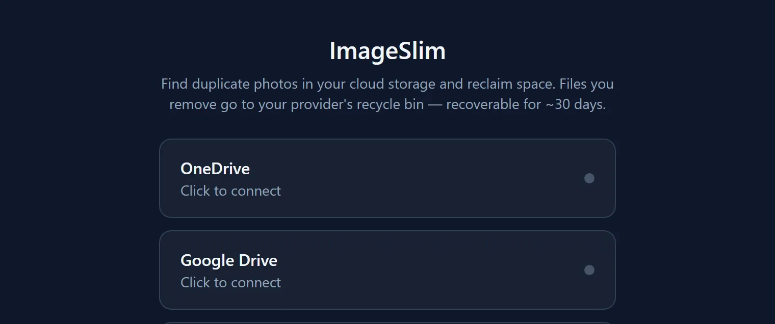 ImageSlim — connect OneDrive or Google Drive, choose match sensitivity, and scan for duplicates.